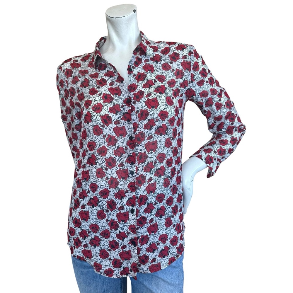 The Kooples Silk Cotton Black White Polka Dot Red Rose LS Button Down Shirt XS